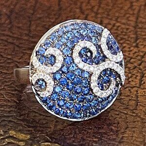 $4500 / NEW / KJ Jewels NY Designer Fancy Blue Sapphir & Diamond Ring / 14K Gold